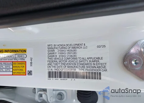 2025 Honda Accord Hybrid Sport z USA, uszkodzony, nr VIN 1HGCY2F55SA028198